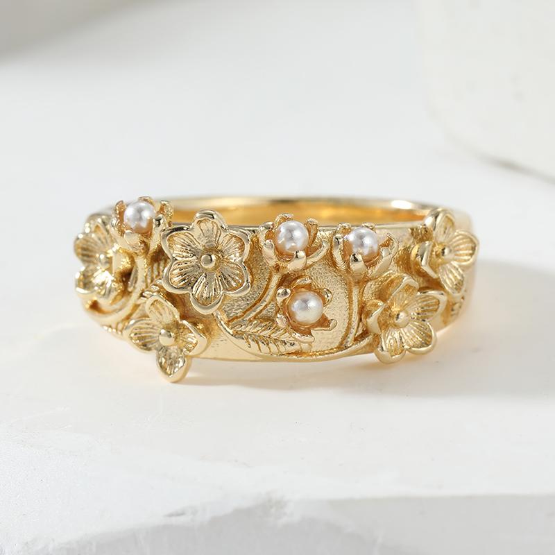 Aesthetic Inlaid Imitation Pearl Flower Women's Ring Vintage Gold Color Hand Carving Daily Wear Party Jewelry Anniversary Gift