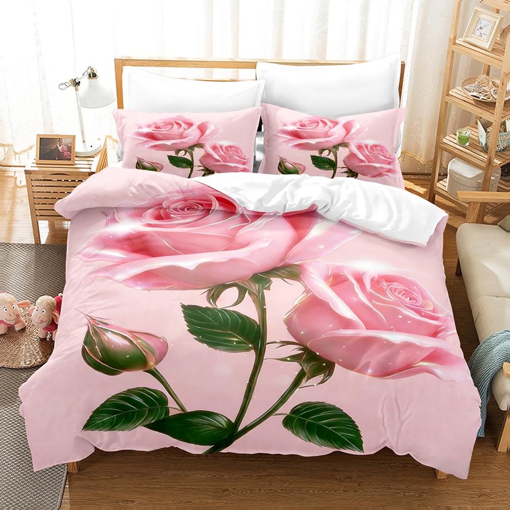 3Pcs Valentine'S Day Romantic Rose Love Pattern Duvets Cover Set,Valentines Day  Pattern And 1/2Pcs Pillowcase Girls Roomdecor
