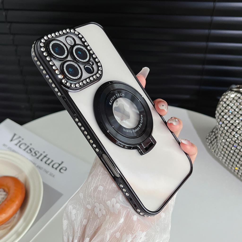 Magnetic Plating Glitter Diamond Camera Lens Protector Bumper Phone Case With Stand For iPhone 17 16 15 Pro Max Samsung S25 S24 Clear Protective Cover
