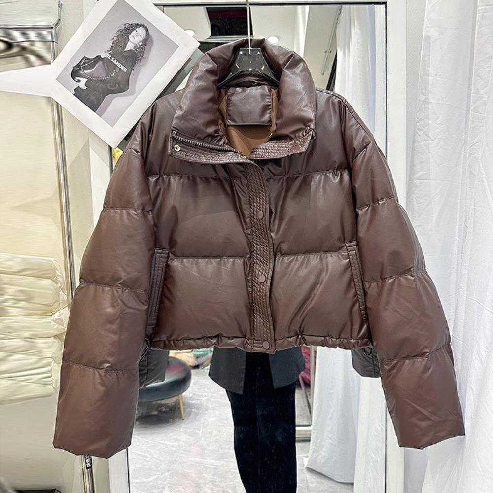 Women's Stand Collar Long Sleeve Cropped Jacket Loose Fit Casual Puffer Coat Winter Warm Outerwear