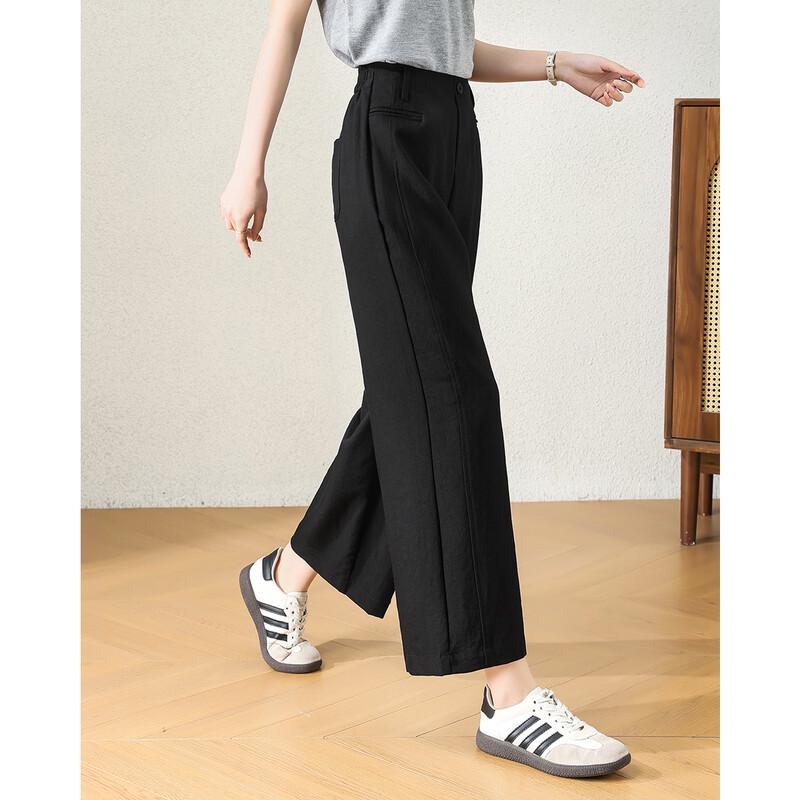 TERRE BLEUE Women's Loose Fit Linen Blend Cropped Wide-Leg Pants