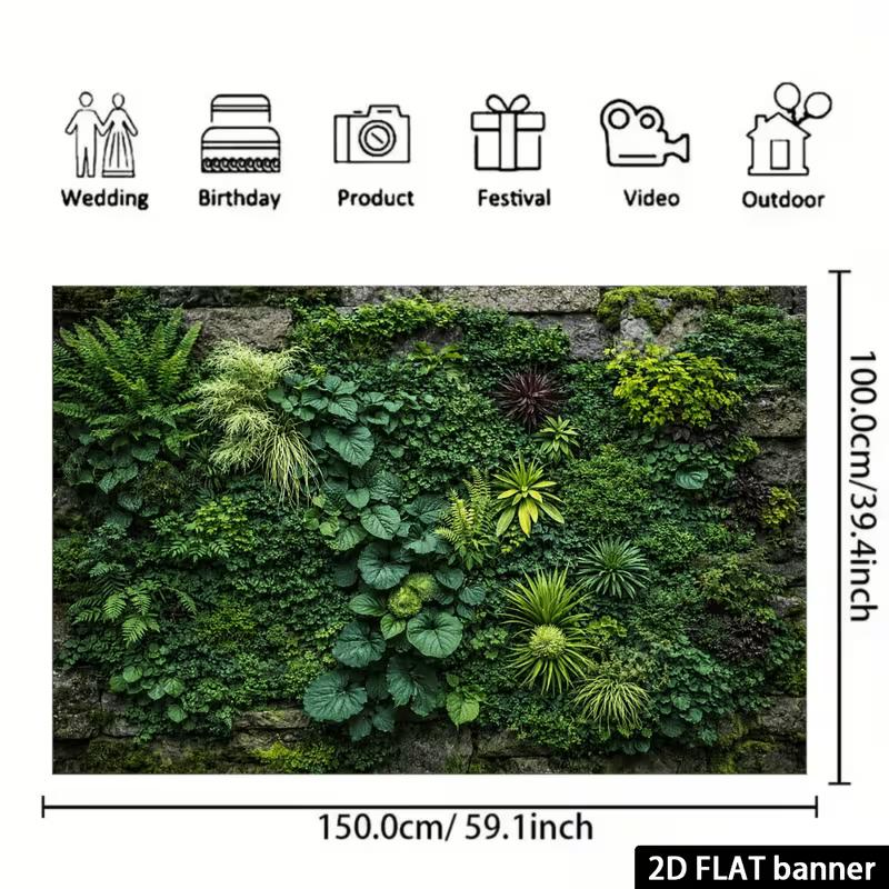 2D Lush Green Plant Banner, Moss Stone Wall Jungle Party Photo Booth Background