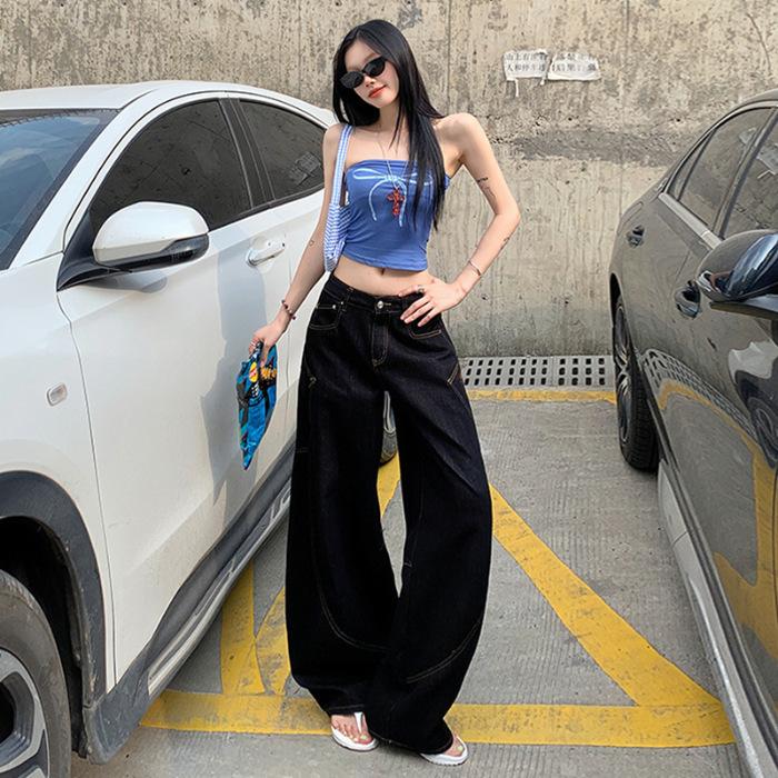 Retro Scimitar kalhoty pro ženy s vysokým pasem výšivka s písmeny volné široké džíny pro ženy se Scimitar džíny pro ženy