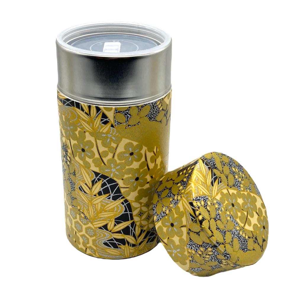 Noguchi Kumataro Tea Garden Tea Caddy, Large Capacity 200g, with Washi Paper Cover and Inner Lid, Golden Design, Made in Japan, Stylish