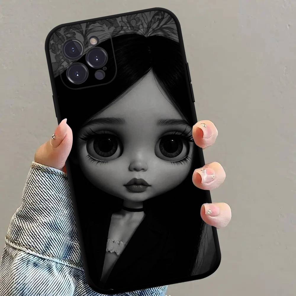 Dark Cute Girl Doll  Black Matte Phone Case For iphone 17 Air 16 15 14 13 12 11 Pro Max Plus Back Cover TPU Soft Case