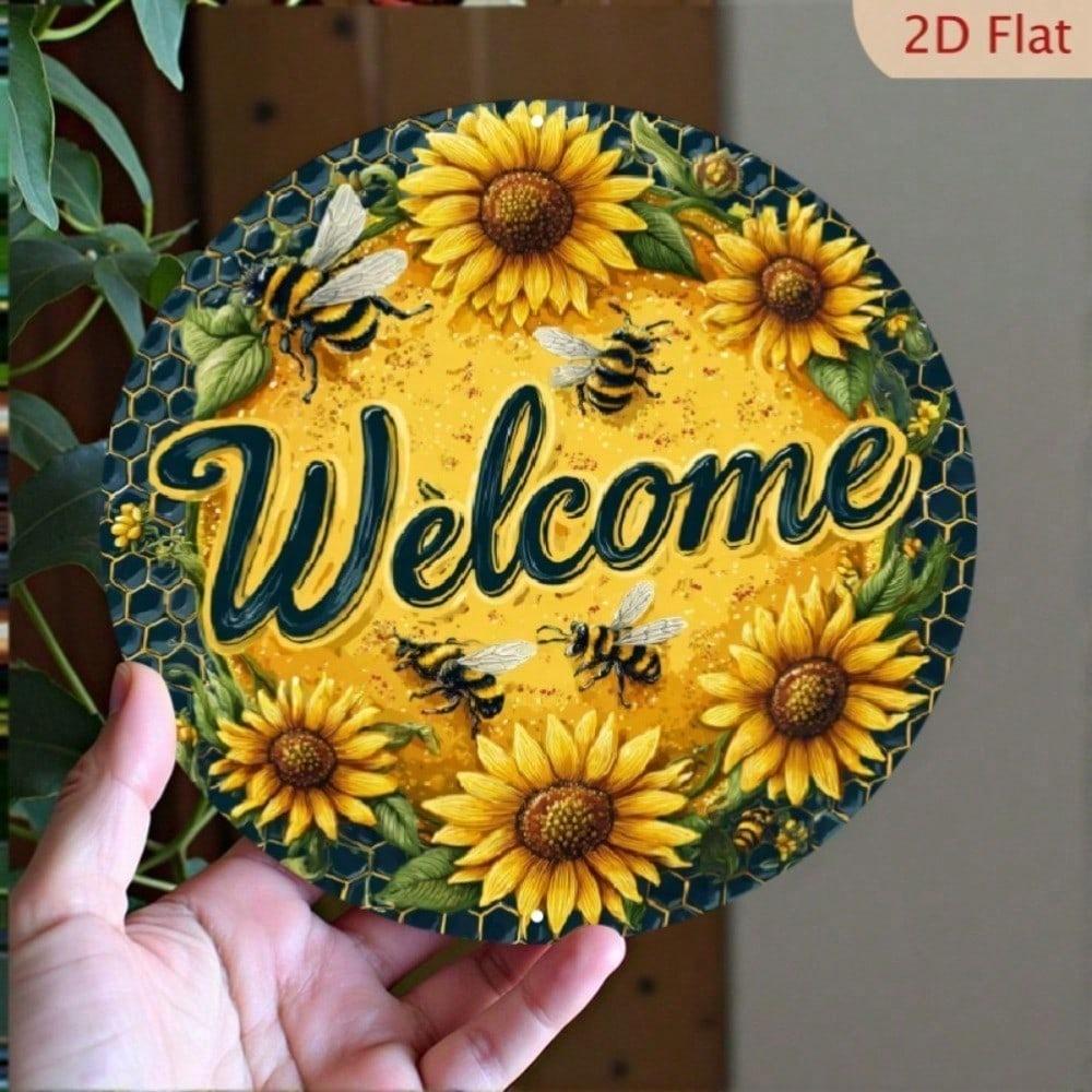 1pc Vintage Metal Welcome Wreath Sign with Bees & Sunflowers, 20cm Round Wall Decor, UV Scratch Resistant