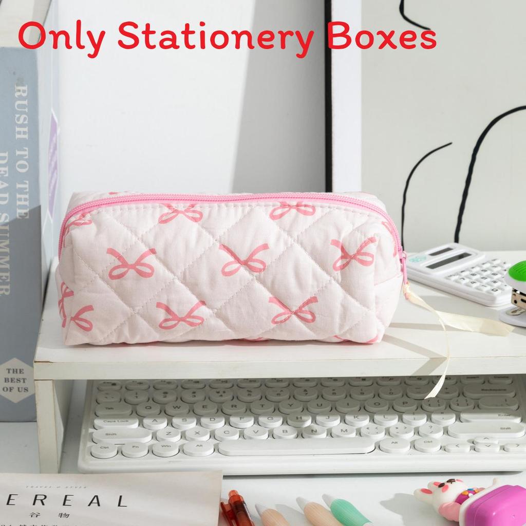 Large Capacity Fabric Pencil Bag With Bow Pattern For Students And Organization
