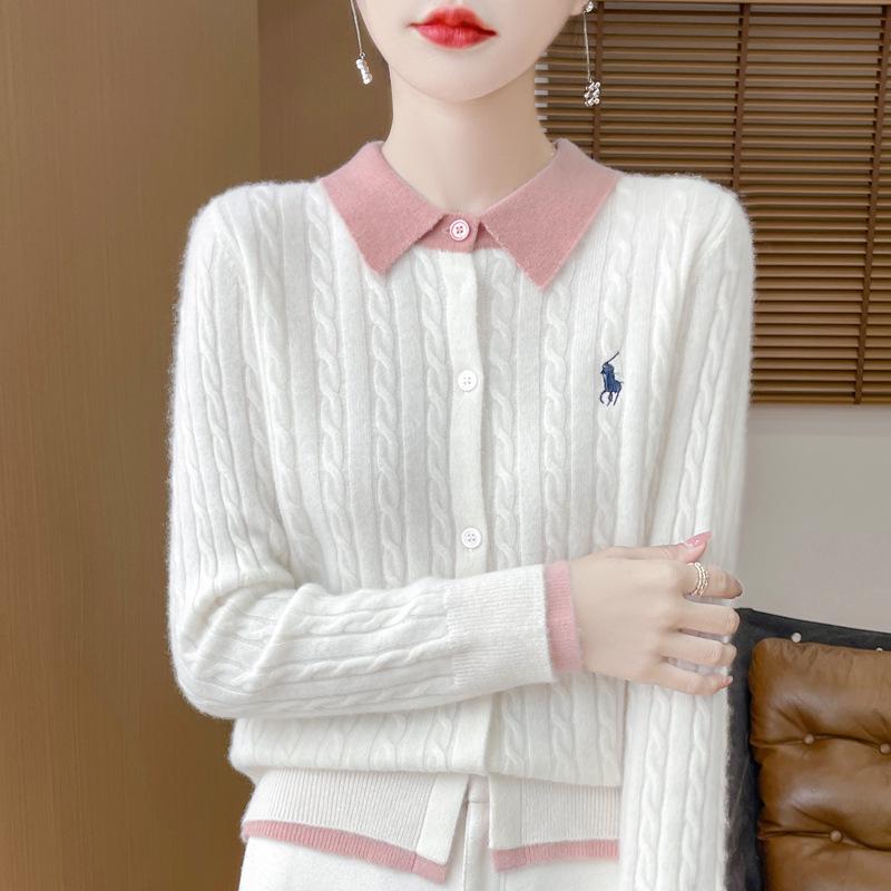 2025 Autumn/Winter Women's Pure Wool Embroidered Cable Knit Cardigan - Turn-Down Collar, Long Sleeve, Button-Up, Loose Fit Outerwear.