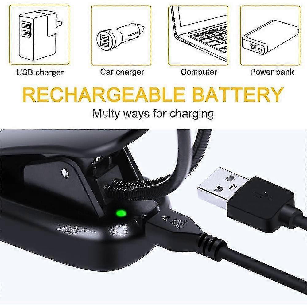 Rechargeable 14 Led Book Light, Clip On Bed Reading Light, Music Stand Lamp, 3 Brightness & 2 Goosenecks Light Up 2 Full Pages. Perfect For Bookworms
