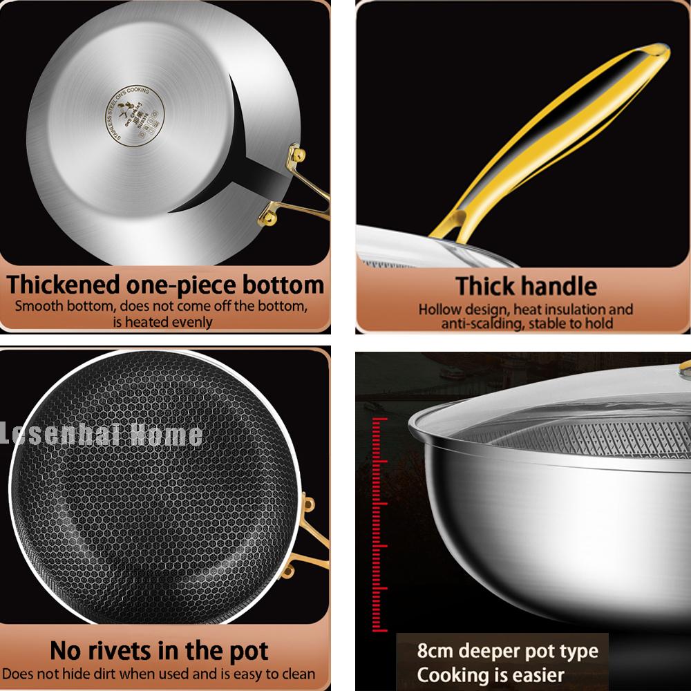 316 Stainless Steel Wok Frying Pan Non-Stick Stir-fry Steak Gas Stove Induction Cooker Universal Honeycomb Pot Kitchen Cookware