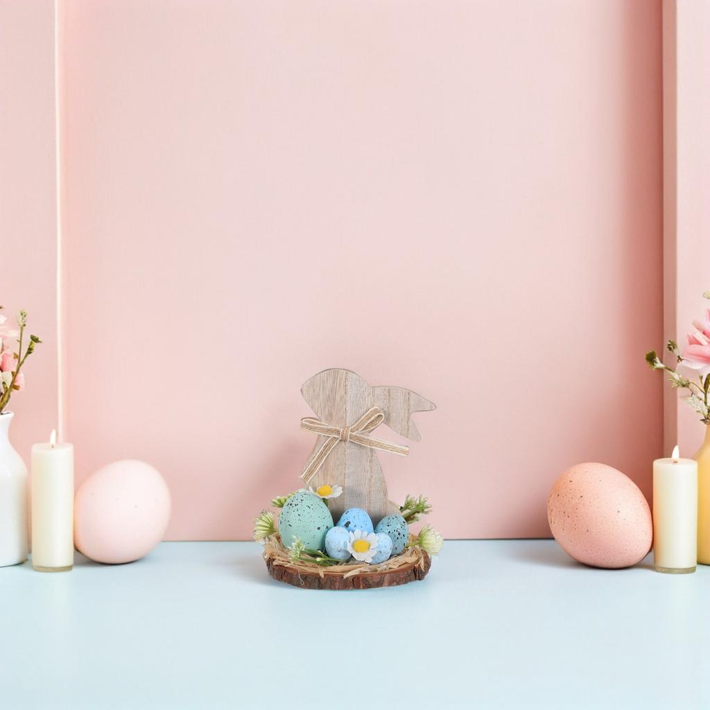 Rustic Farmhouse Easter Bunny Wooden Table Decoration Rabbit Holding Eggs Flowers Vintage Wood Bunny Spring Table Centerpiece