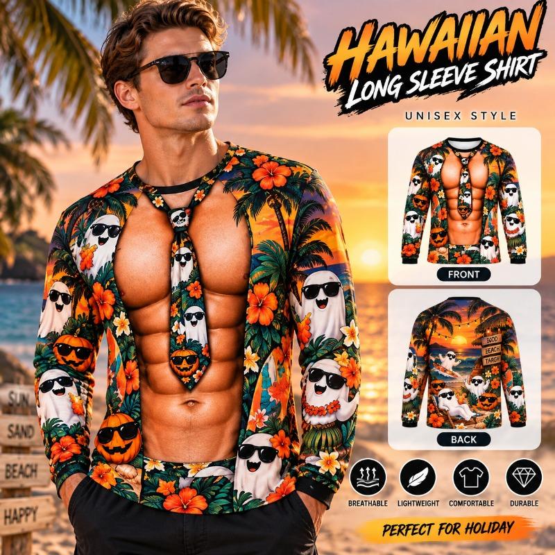 Halloween Pumpkin T Shirt Men 3D Muscle Body Print Long Sleeve Moon Night Tropical Palm Tree Beach Party Funny Costume Shirt