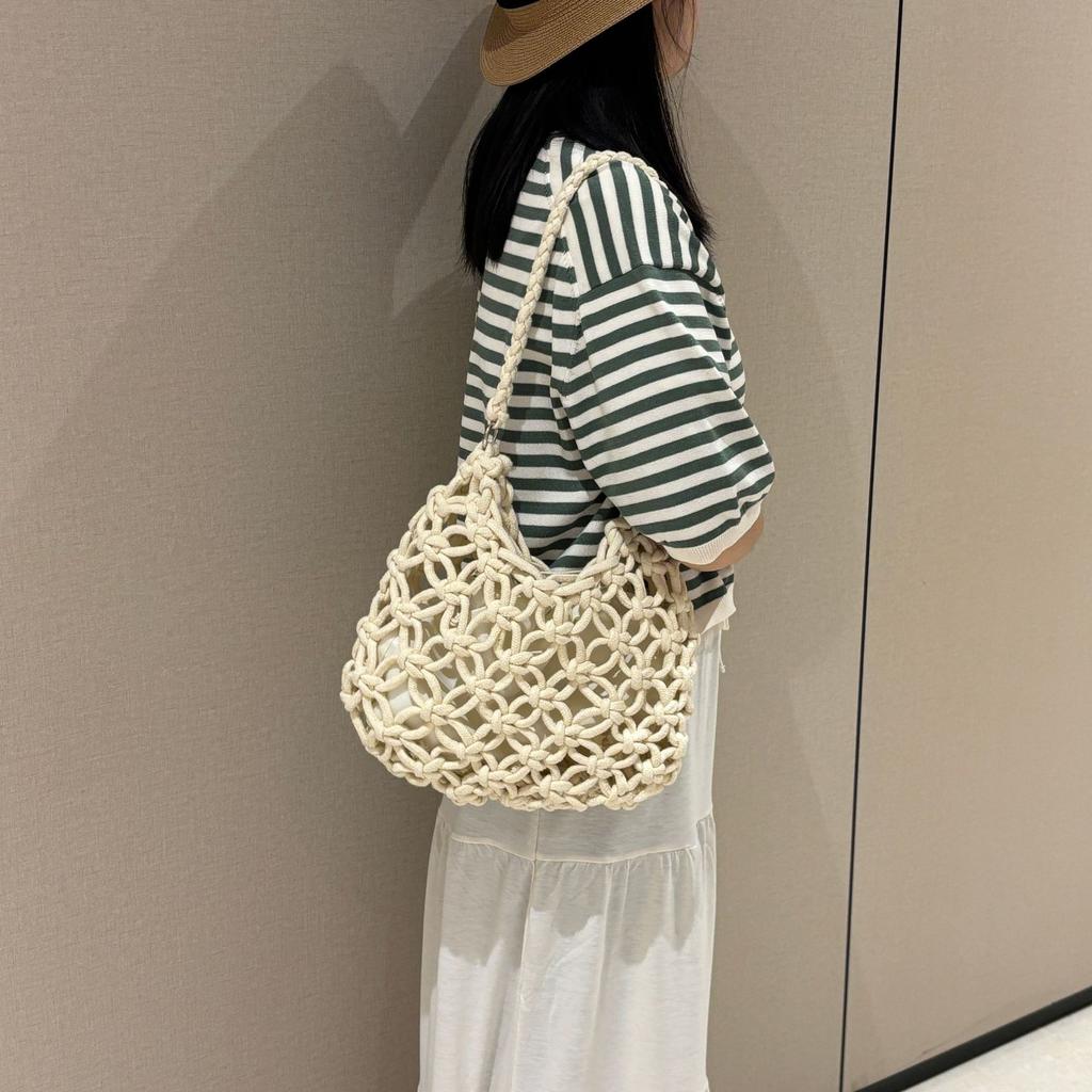 Summer Chic Solid Color Mesh Handbag Hollow Out Knitted Shoulder Bag Beach Tote Bag for Women