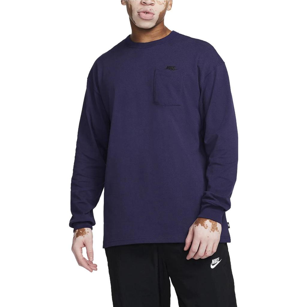 Nike Long-Sleeve Pocket T-Shirt Solid Color Crew Neck Fitted Men Tops Navy-Blue DR7929-555