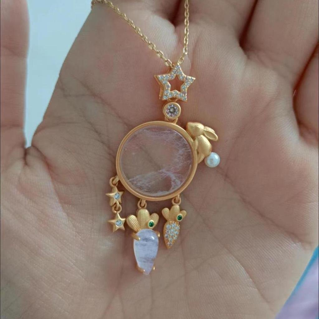 Jade Rabbit and Radish Planet Pendant Necklace - Charming Fairy Tale Design, Handmade and Unique Gift