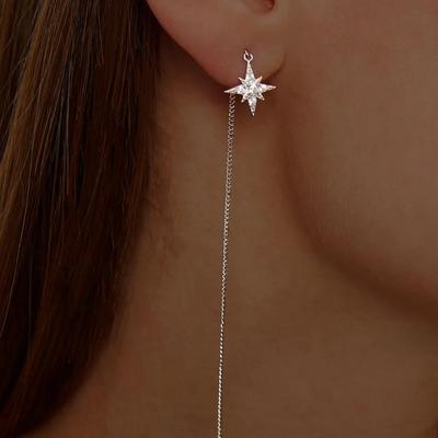 Silver Color Long Tassel Earrings for Women Girls Shiny Zircon Eight-Pointed Star Earrings Simple Elegant Jewelry