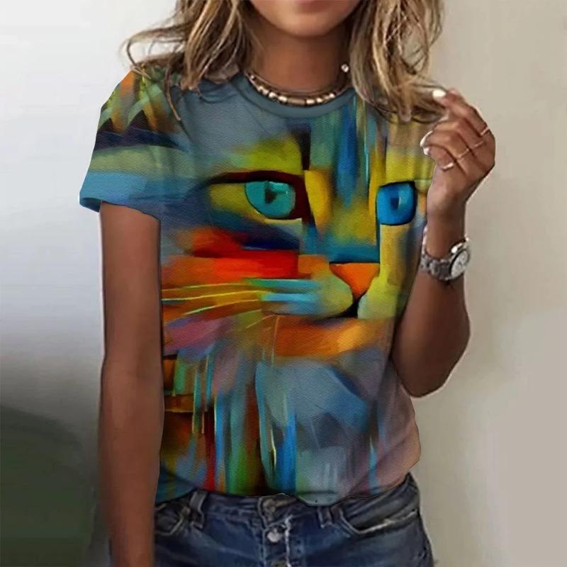 Summer O-Neck Short Sleeve Women's T-Shirt 3d Printed Black Cat Pattern T-Shirt Pullover Top Fashion Street Female Clothing 2024