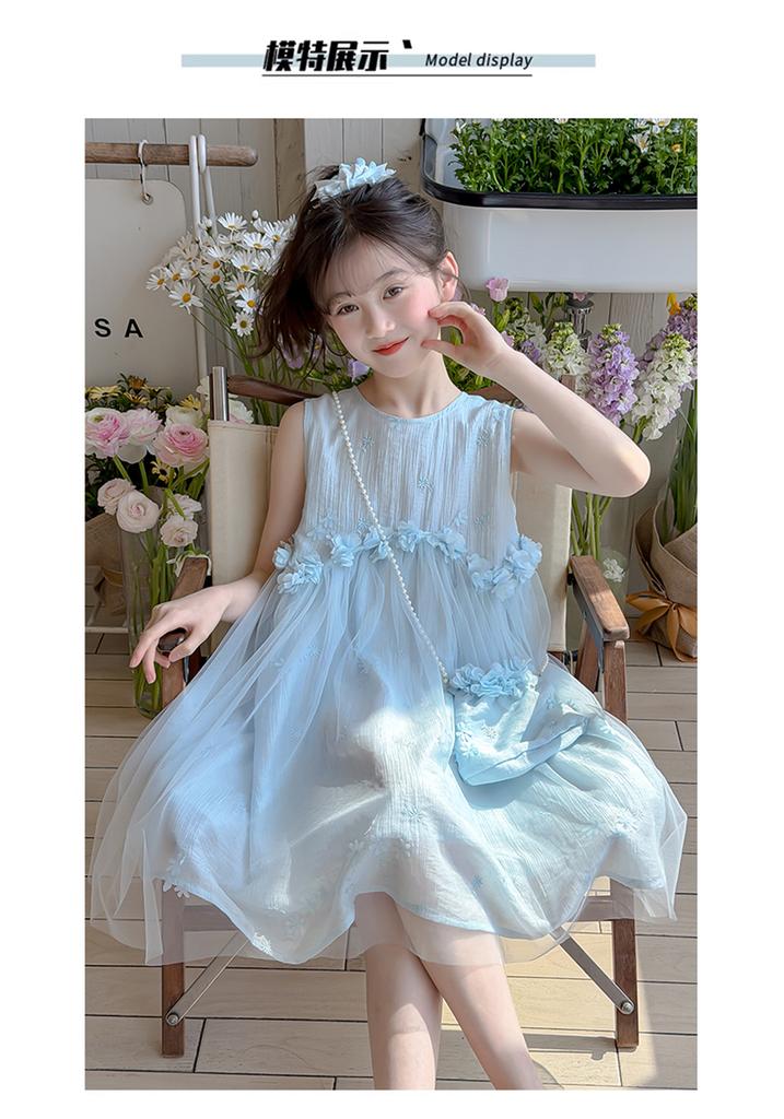 Girls' Summer Sleeveless Mesh Vest Dress 2026 New Mid Size Children's Western-style Princess Mint Style Dress