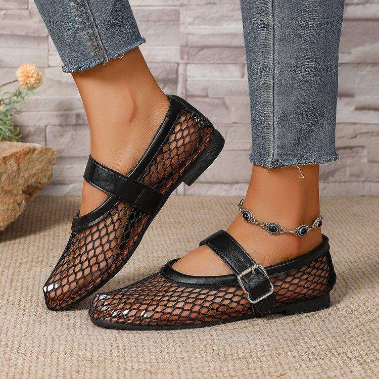 Large Size Mesh Hollow Breathable Ballet Shoes Summer Buckle Flat Heel Sandals Women