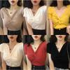 Fashion Retro Loose Thin Net Red Solid Color V-neck Short-sleeved T-shirt Cross Knot Thin Section Pullover Knit Sweater Tops Female Summer