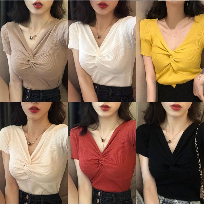 Fashion Retro Loose Thin Net Red Solid Color V-neck Short-sleeved T-shirt Cross Knot Thin Section Pullover Knit Sweater Tops Female Summer