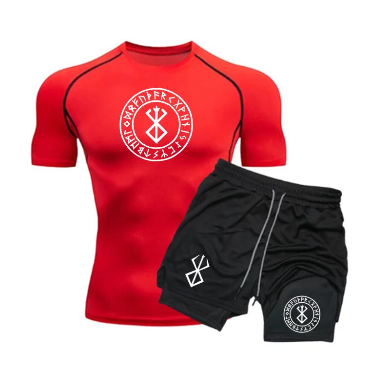 Men's Anime Double-Layer Quick-Dry Shorts & Tee Set for Outdoor Running & Fitness