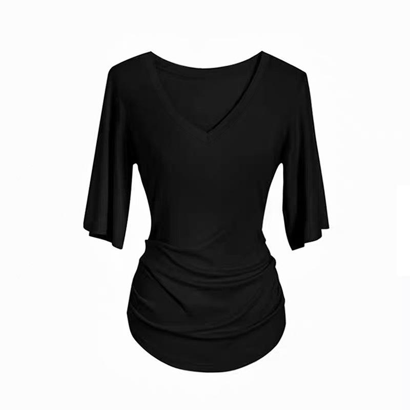 Design sense front shoulder short-sleeved T-shirt female slim and thin versatile simple style bottom V-neck waist top ins tide