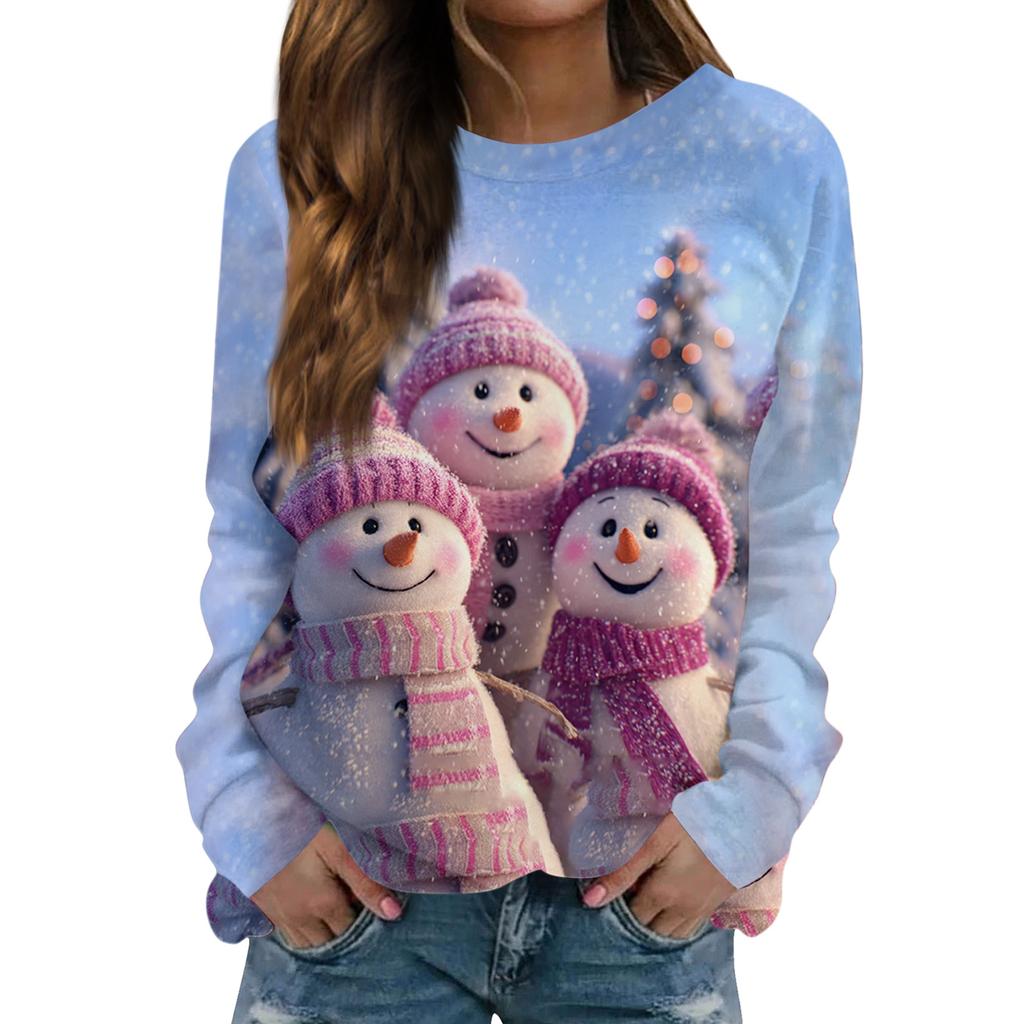 Women's Fashionable Casual Long-sleeved Retro Christmas Snowman Print Round Neck Top