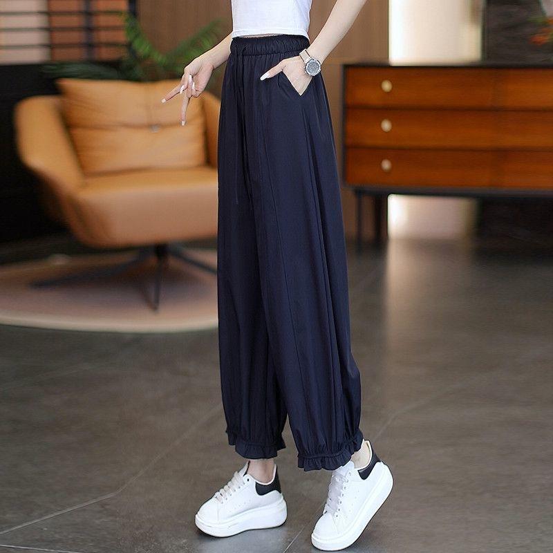 Women's High Waist Ruffle Hem Lantern Pants Summer Ultra Thin Breathable Drawstring Loose Cropped Bloomers Casual Trousers