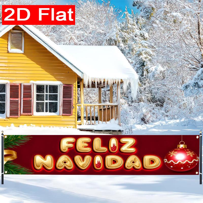 Spanish Christmas Banner, Red & Golden Spanish Lettering Design, Durable Polyester Outdoor Porch Fence Garden Party No Electricity Decoration