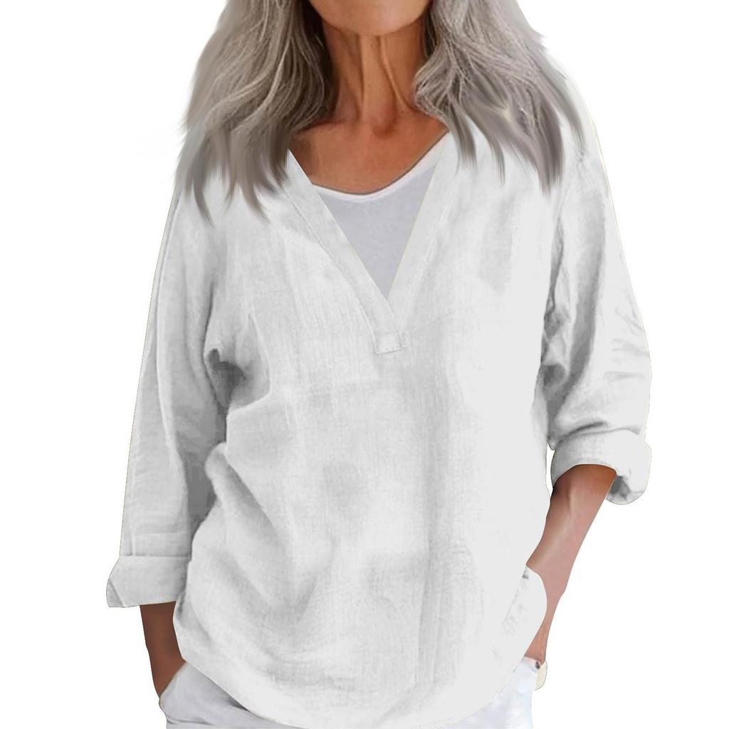 Women's Fashion Casual Cotton Linen V-Neck Long Sleeve Pullover Top