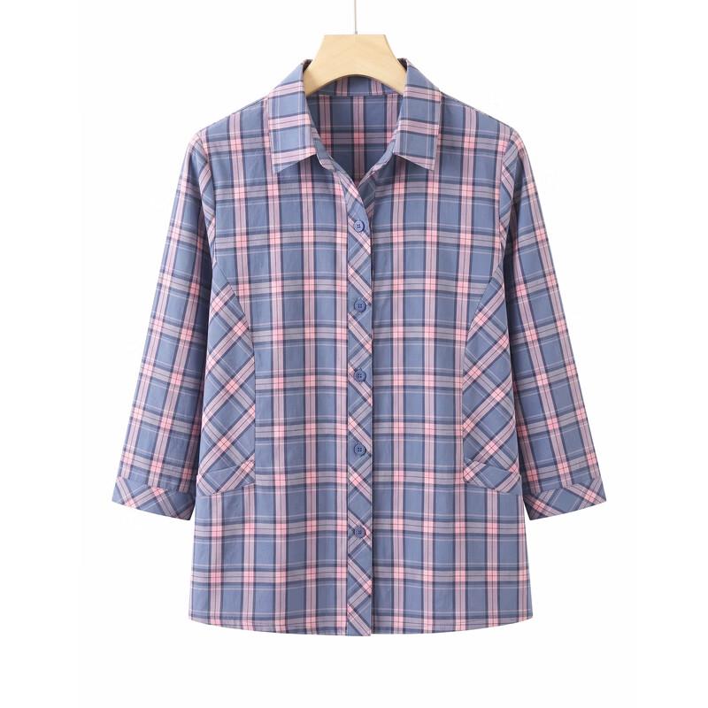 Hodo Women's Mid-Aged Pure Cotton Seven-Sleeve Plaid Blouse