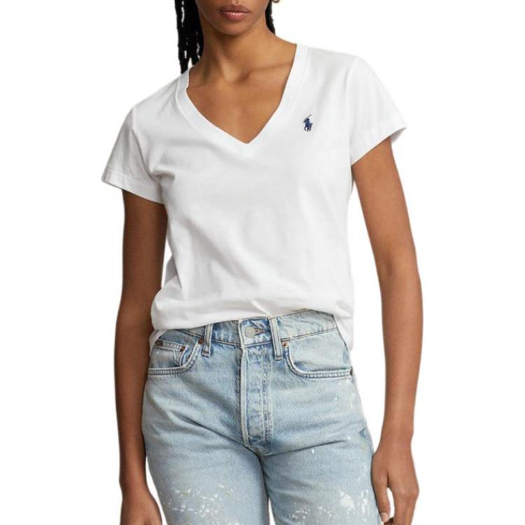 Polo Ralph Lauren Solid Color Logo Embroidered V-Neck Knit SS23 T-Shirt Women Tops White WMPOKNINCU20704-100