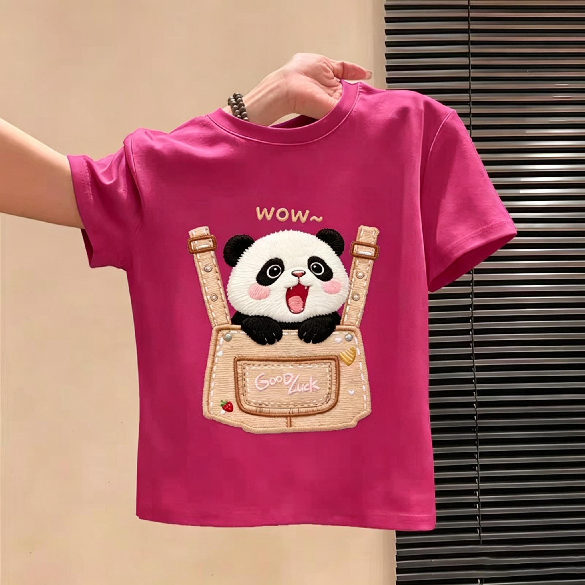 Embroidered embroidery pocket panda print Tshirt cute and casual cotton shortsleeved for boys and girls 100