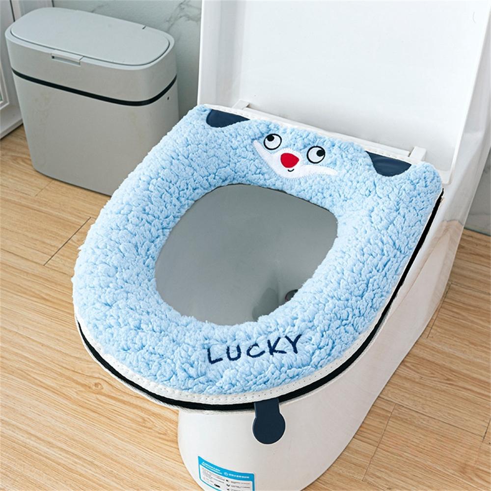 

Household Cartoon Waterproof Seat Cover Four Seasonal Universal Zip Toilet Mat Thicker Winter Short Plush Cushion Handle Pad синій