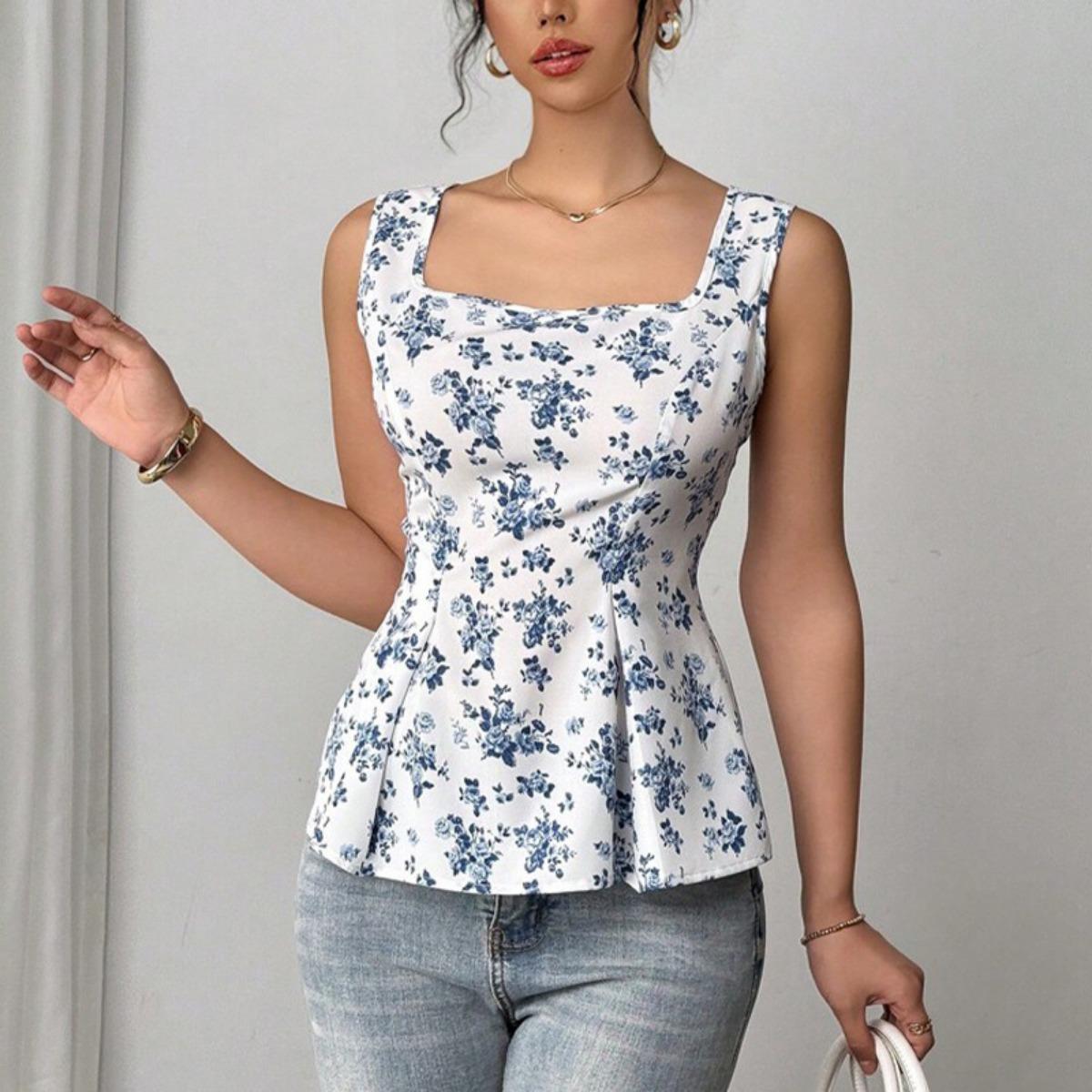 Summer Women s Floral Printed Lace-up Cami Top, European American Vacation Style Sleeveless Vest for Cross-border Outing S