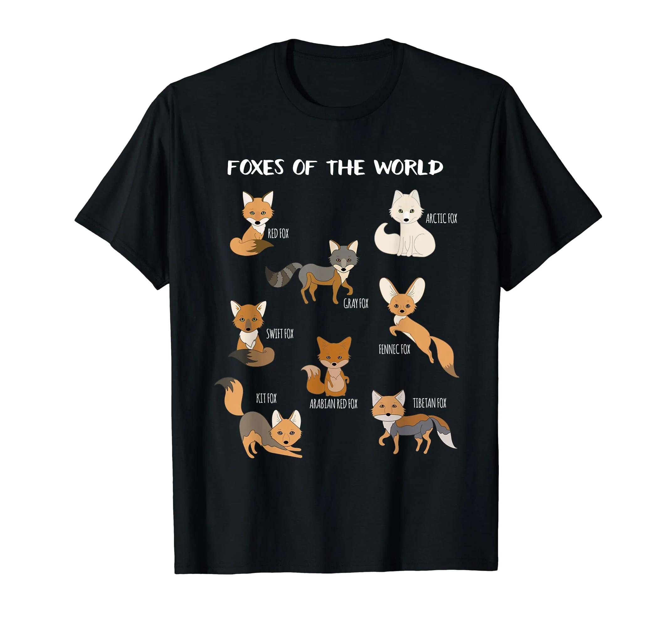 Foxes of the World Graphic Tee Cute Cartoon Fox Breeds Illustration Cotton TShirt L