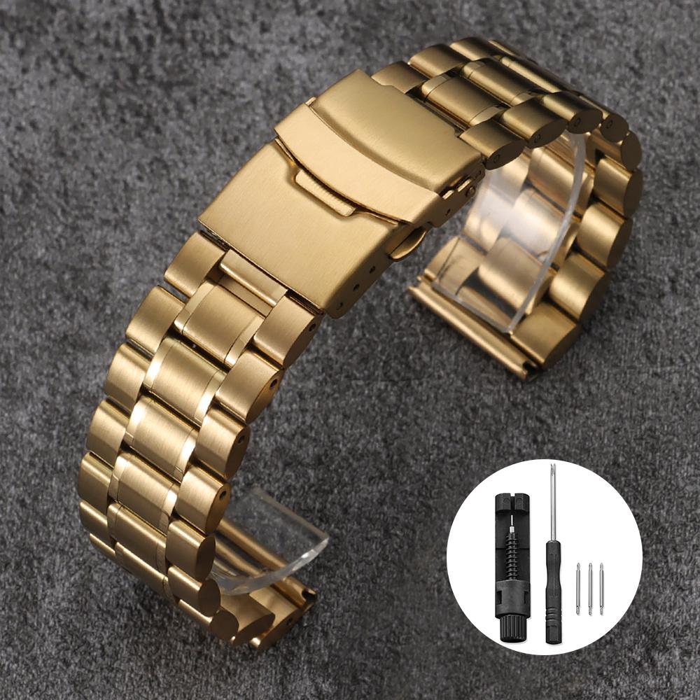 Solid Stainless Steel Watch Strap 18/20/22/24mm Silver Metal Curved End Double Press Folding Buckle Bracelet WatchBand for Seiko