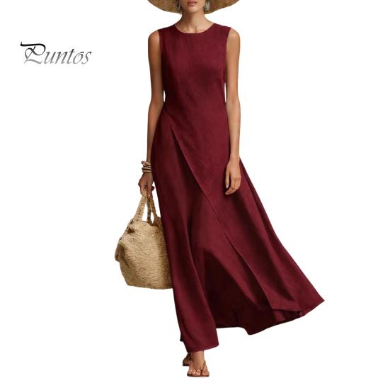Solid Color Women Dress Women's Sleeveless Cotton Linen Dress, Casual Irregular Hem Crew Lightweight Summer Neck Long Loose Beach Vacation Sundress