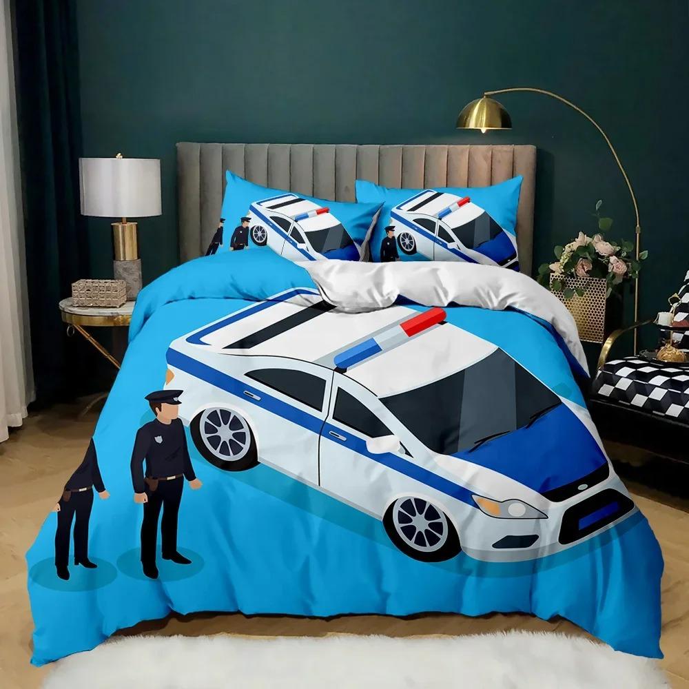 Police Duvet Cover Automotive Black Policeman Automotive Twin Bedding Set Cartoon Vehicle Comforter Cover Red Cop Lights Polyester Quilt Cover