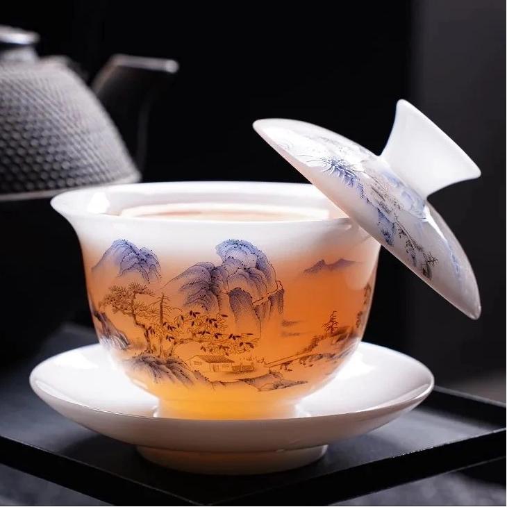 „Set de ceai Gaiwan din porțelan jad Jingdezhen cu capac planant și farfurioară – Ceașcă de ceai Kung Fu chinezesc tradițional”