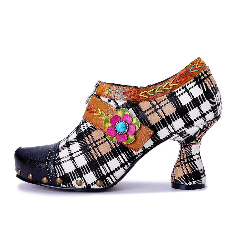 Johnature Retro Plaid Patchwork Comfortable High Heels Genuine Leather Rivet Fashion Women's Pumps