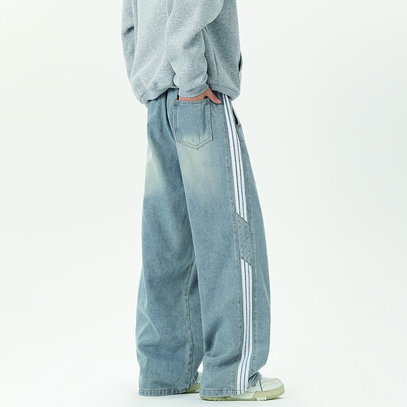 Men's American Retro Striped Wide-Leg Jeans