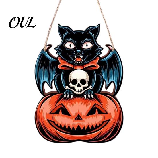 Retro Farmhouse Home Accents Halloween Wooden Door Hanging Sign, Black Cat Bat Pumpkin Wall Plaque with Wings Party Decoration Jute Rope, Front Porch