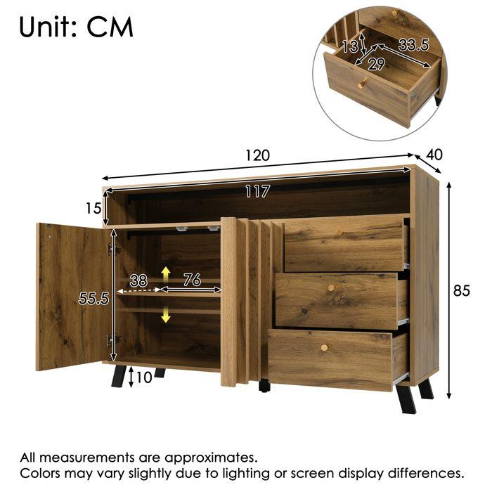 Buffet - 3 Drawers and 2 Doors - Storage Furniture - Adjustable Shelf - Living Room, Dining Room, In Dark Oak, 120x40x85 Cm