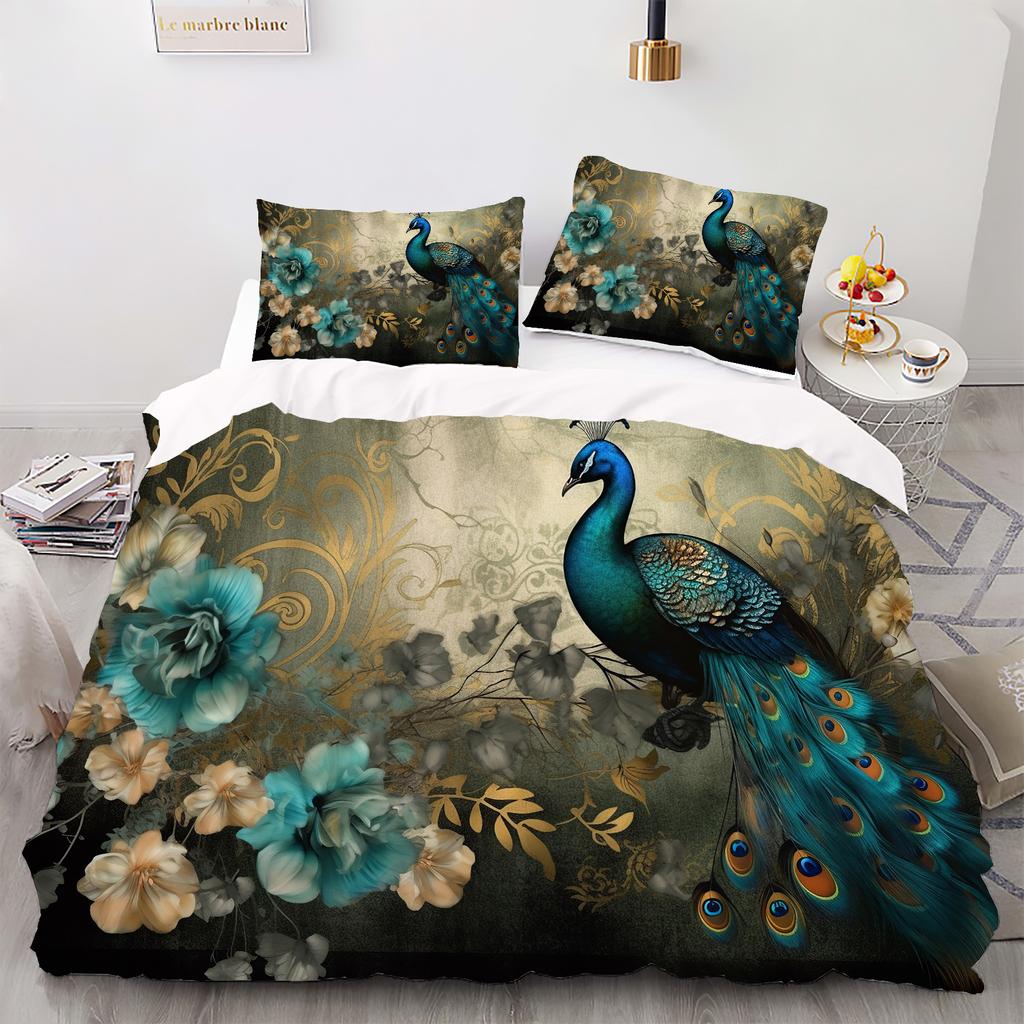 3PCS - Peacock Print Bedding Set, Soft and Comfortable Breathable Duvet Set, Suitable for Bedrooms and Guest Rooms