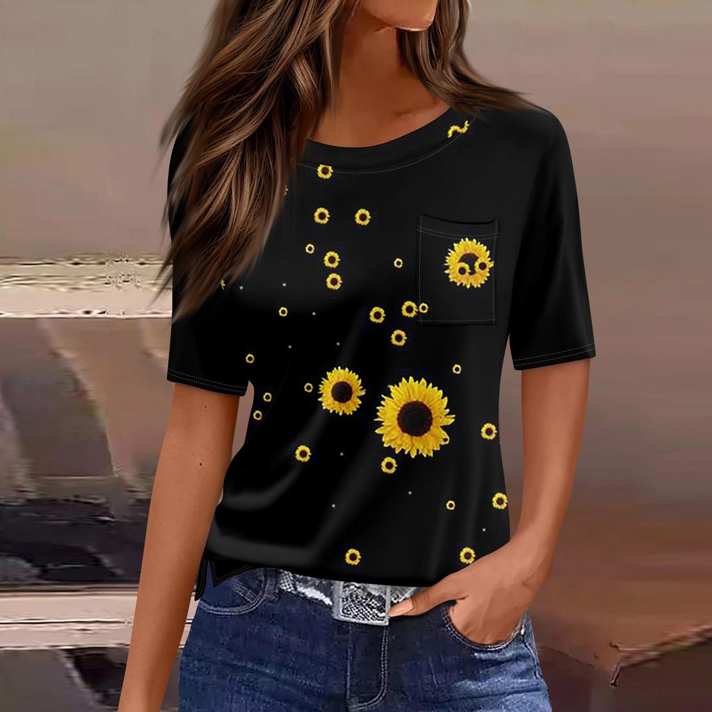 T-skjorter for kvinner Plisserte rundhals Dressy Uformelle bluser Utskrift Kortermet sommeroverdel Loose Fit