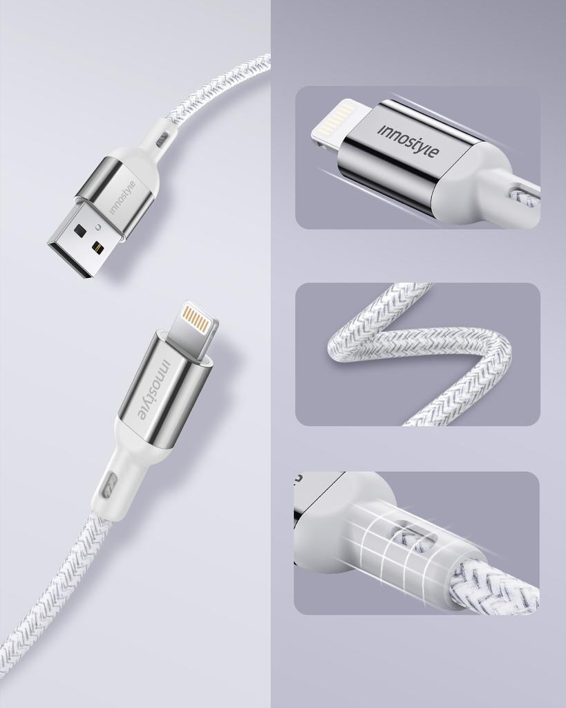 Innostyle Powerflex Usb Lightning Mfi Fast Charging Cable For Iphone Kevlar 2M Silver