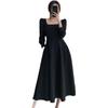 Women's Spring Summer Hepburn Style Square Collar Elegant Temperament Slim Medium Long Dress