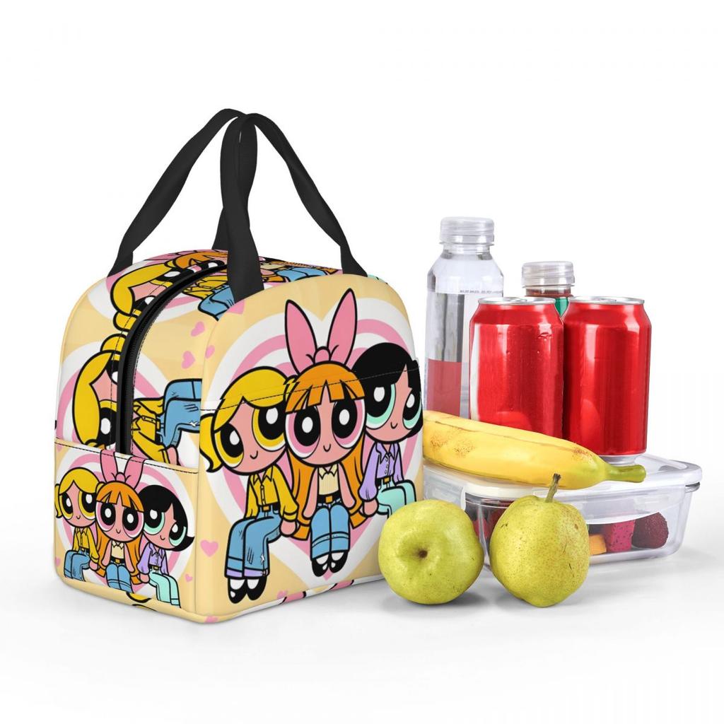 P-PowerPuffs Cartoon Three Girls Thermal Insulated Lunch Bag for Picnic Portable Bento Box Cooler Thermal Food Box